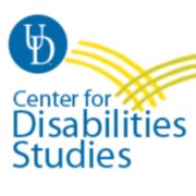 Text reads: UD Center for Disabilities Studies. On top left, three yellow lines intersect with three more yellow lines and form a 